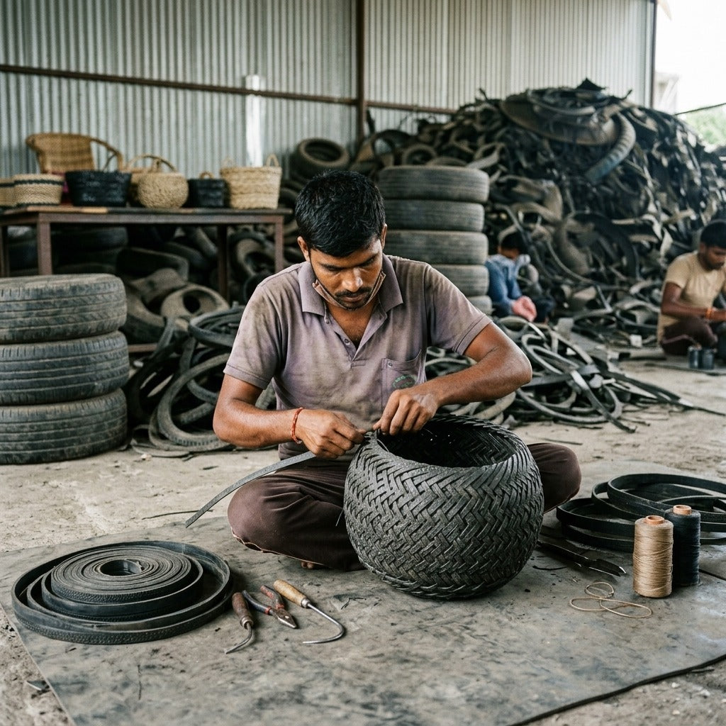 Master artisan hand-weaving planter basket